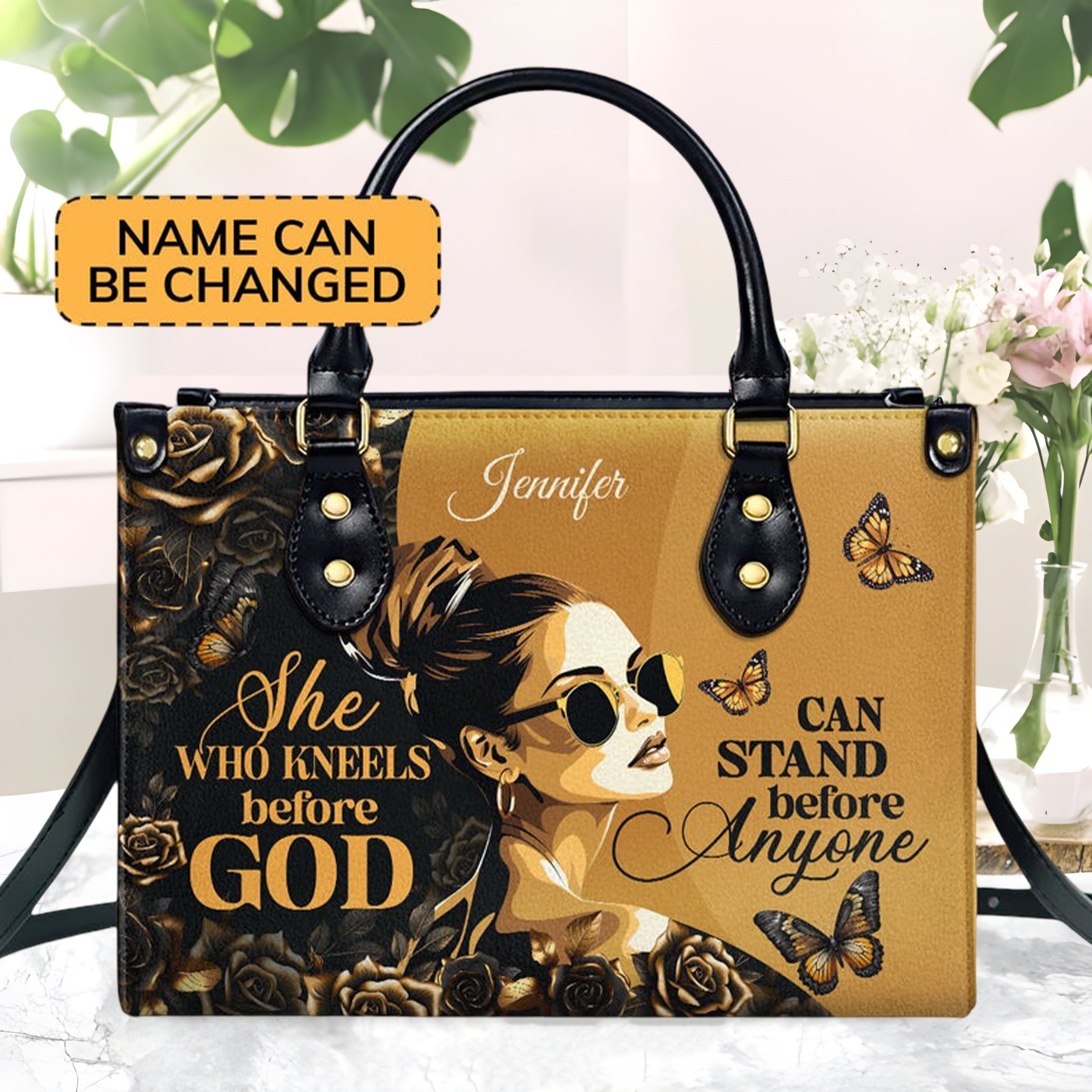 Personalized Christian Leather Handbag, She Who Kneels Before God Handbag, Custom Name Religious Inspirational Purse Gift for Women BLAF23
